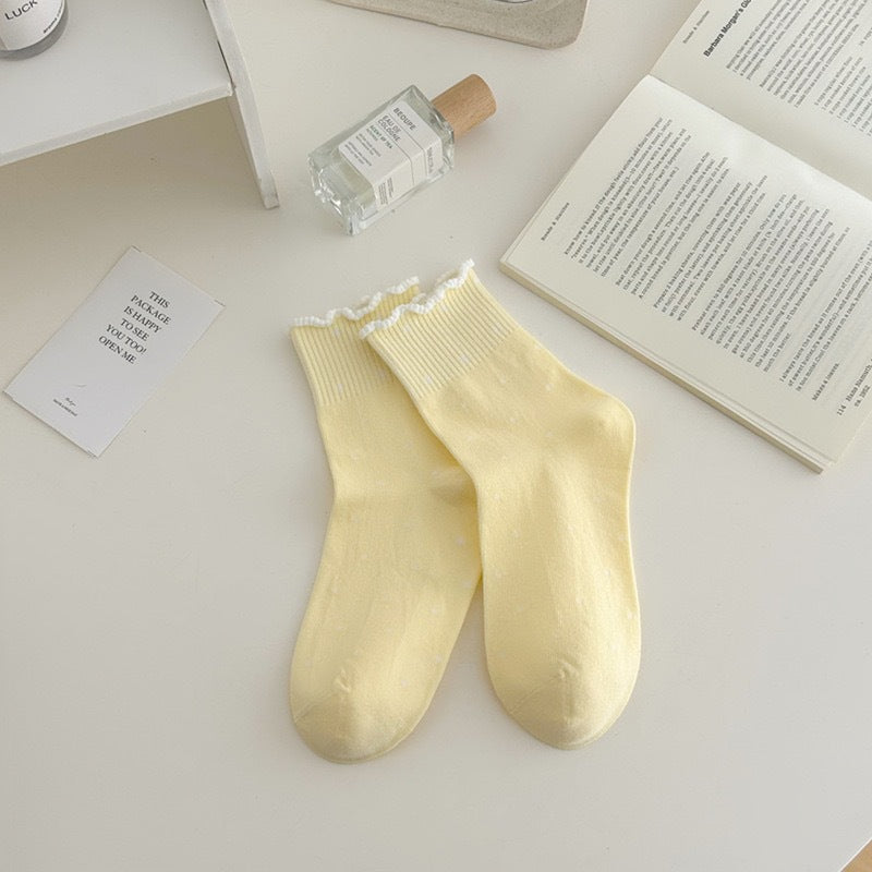 Ruffle Trim Micro Dot Ankle Socks - Yellow