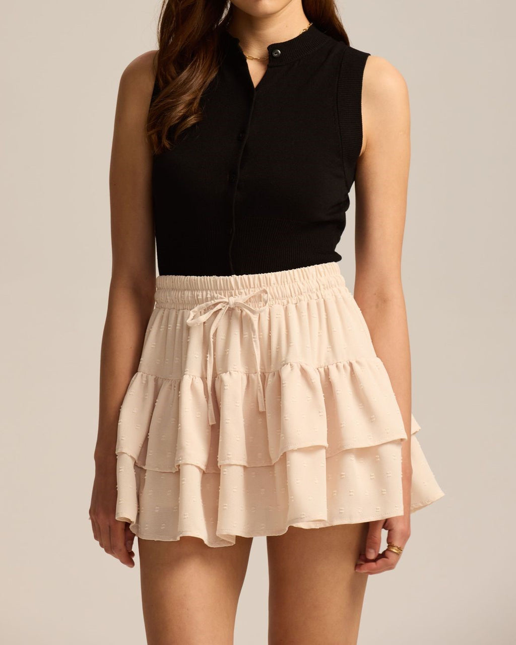 Swiss Dot Double Ruffle Mini Skirt - Beige