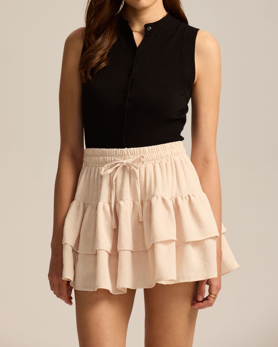 Swiss Dot Double Ruffle Mini Skirt - Beige