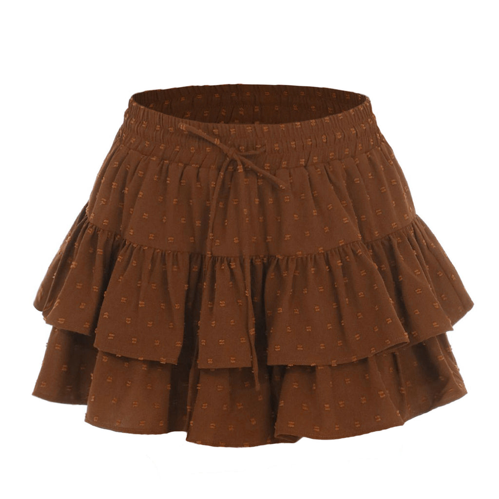 Swiss Dot Double Ruffle Mini Skirt - Brown