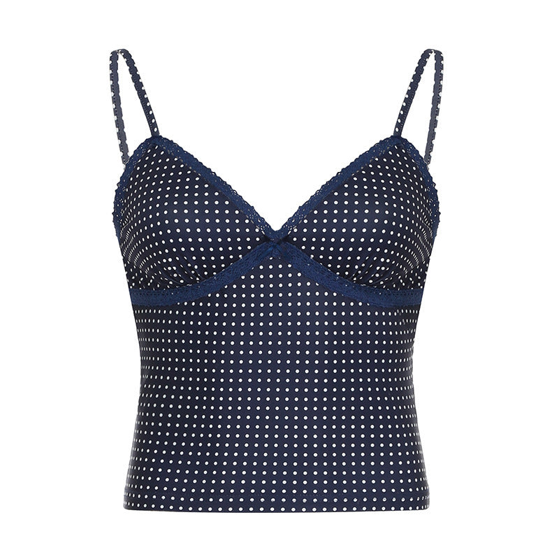 Polka Dot Satin Camisole With Crochet Trim - Navy
