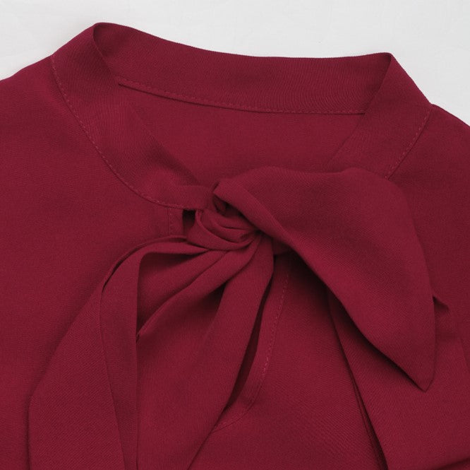 Pussy Bow Pleated Lantern Sleeve Blouse - Winered - 2