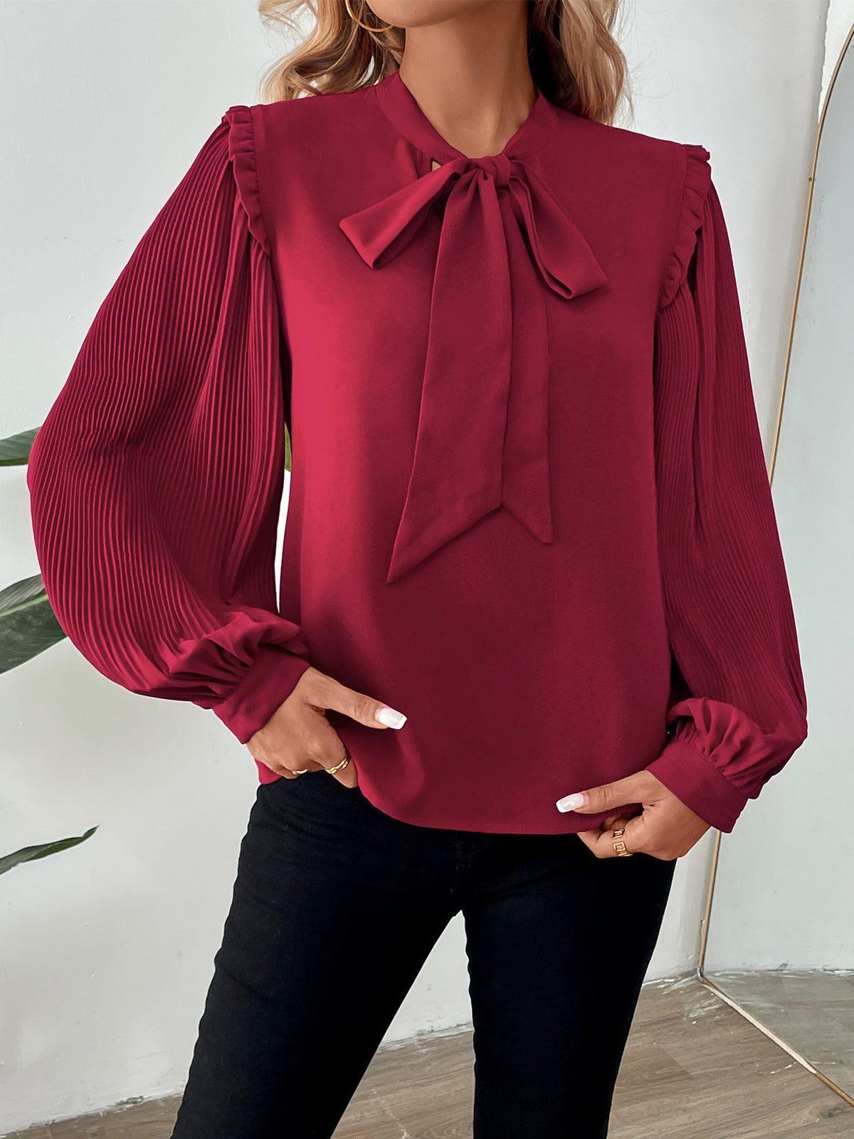 Pussy Bow Pleated Lantern Sleeve Blouse - Winered - 3