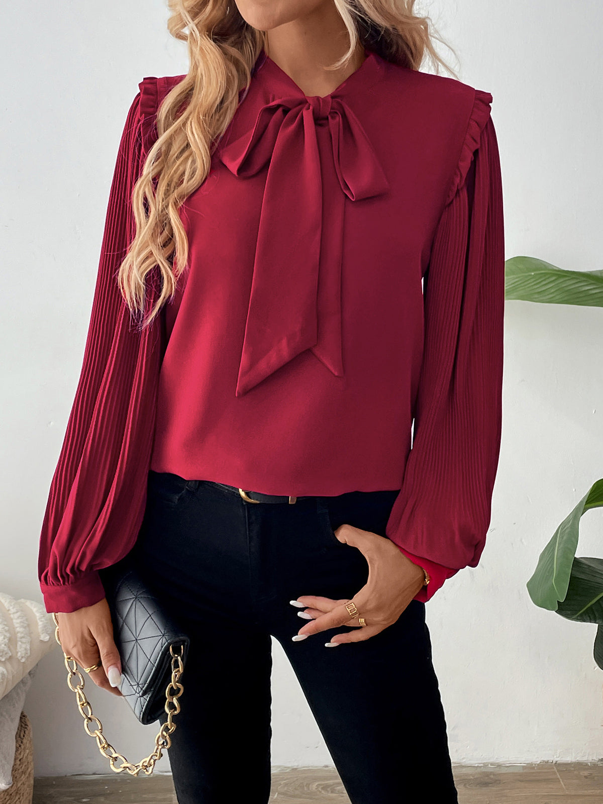 Pussy Bow Pleated Lantern Sleeve Blouse - Winered - 4