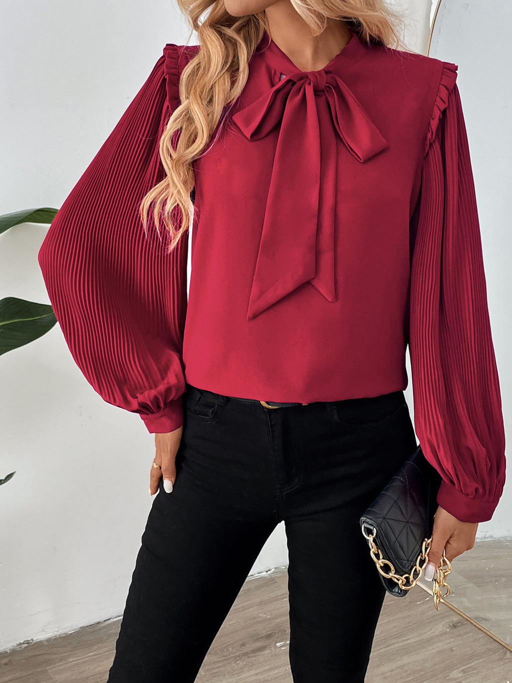 Pussy Bow Pleated Lantern Sleeve Blouse - view 1