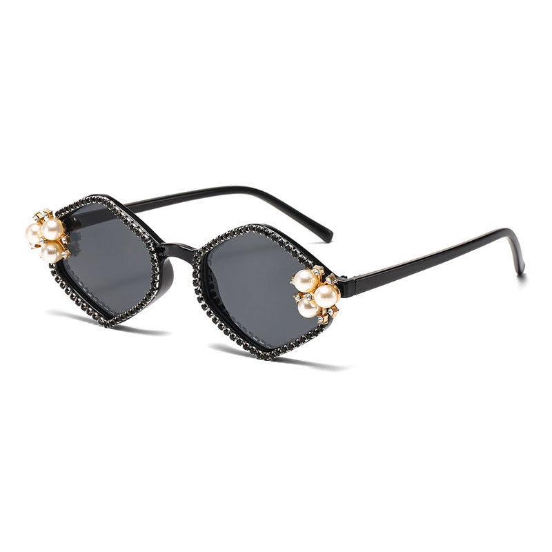 Pearl Accent Hexagon Frame Sunglasses - Black