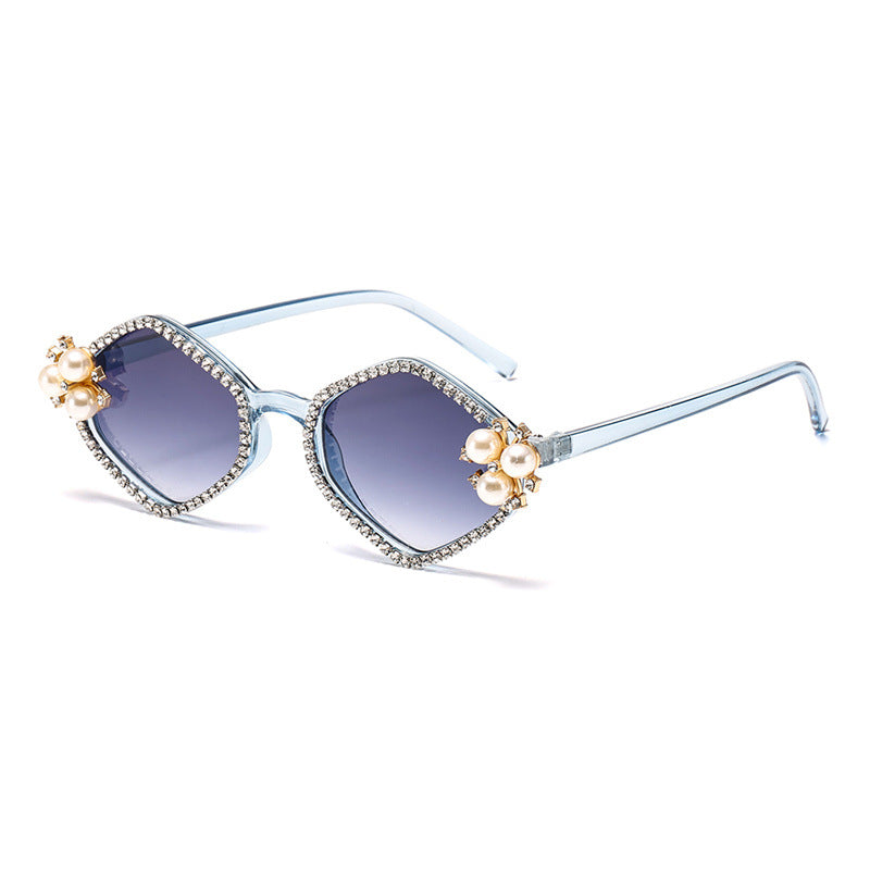 Pearl Accent Hexagon Frame Sunglasses - Blue