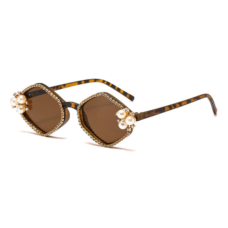Pearl Accent Hexagon Frame Sunglasses - Leopard