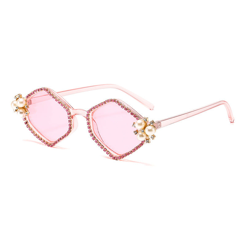 Pearl Accent Hexagon Frame Sunglasses - Pink