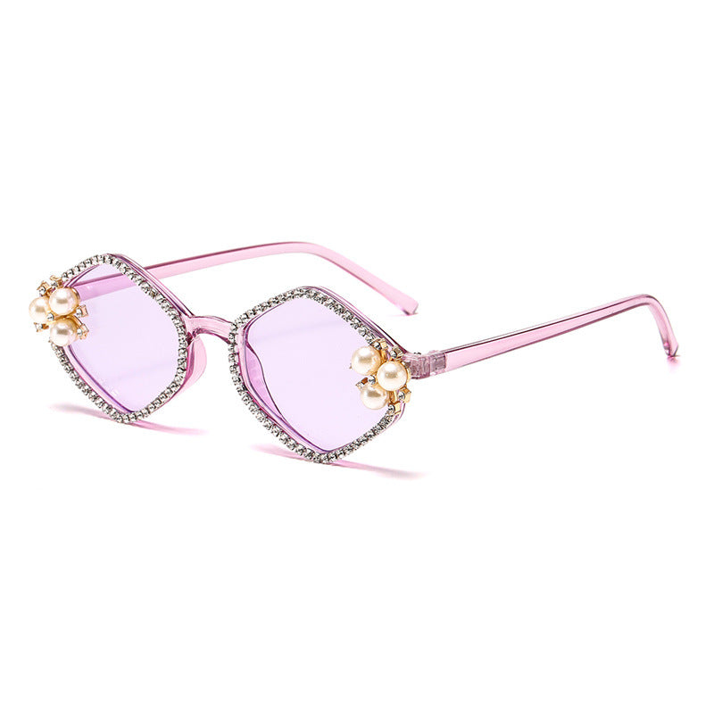 Pearl Accent Hexagon Frame Sunglasses - Purple
