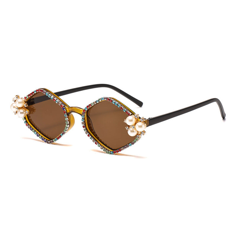 Pearl Accent Hexagon Frame Sunglasses - Tea