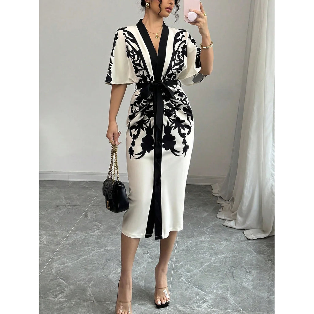 Contrast Floral Print Short Sleeve Midi Dress - Apricot