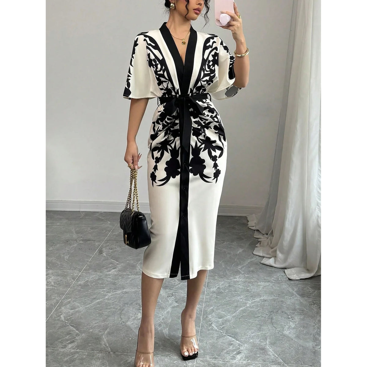 Contrast Floral Print Short Sleeve Midi Dress - Apricot
