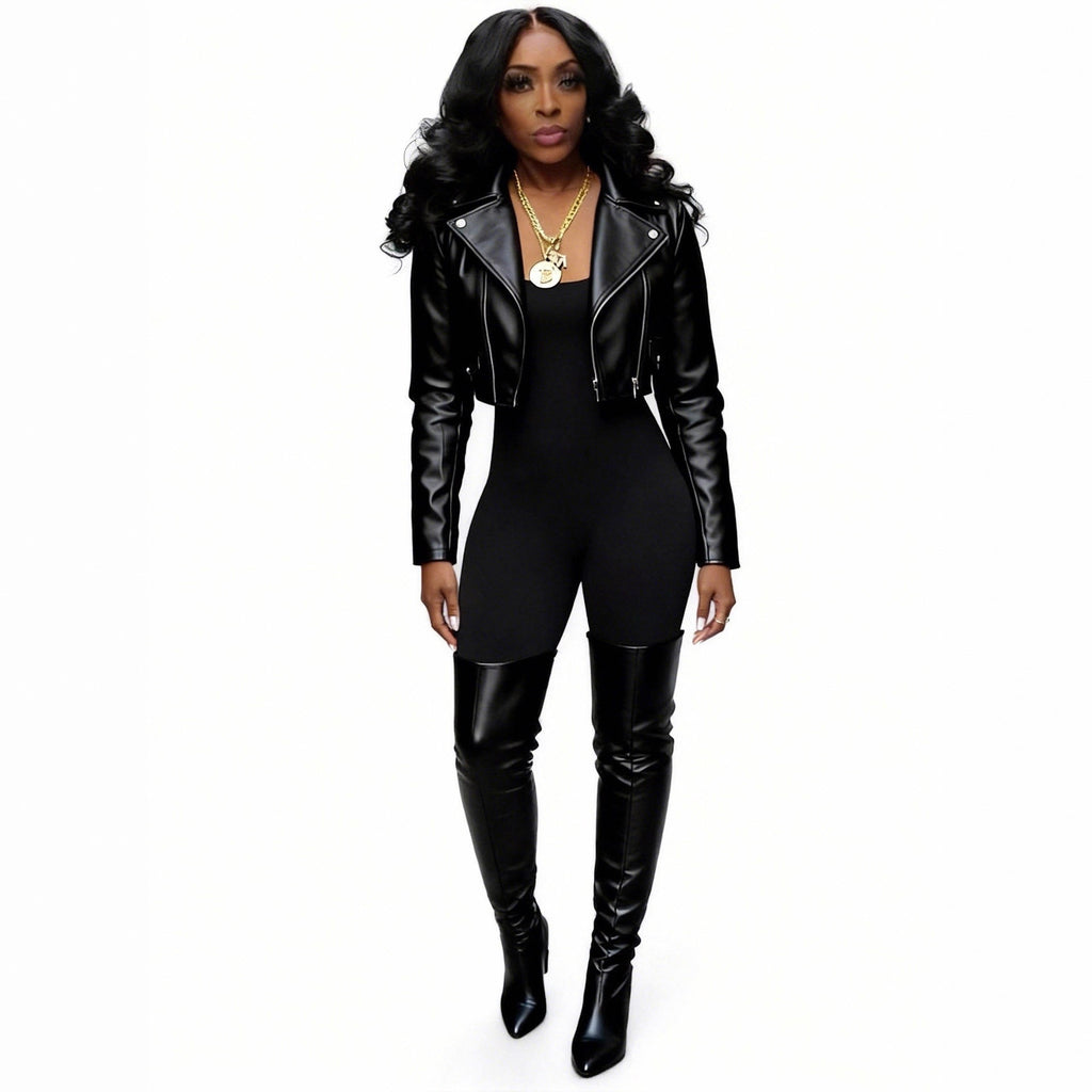 Faux Leather Zip Pocket Cropped Moto Jacket