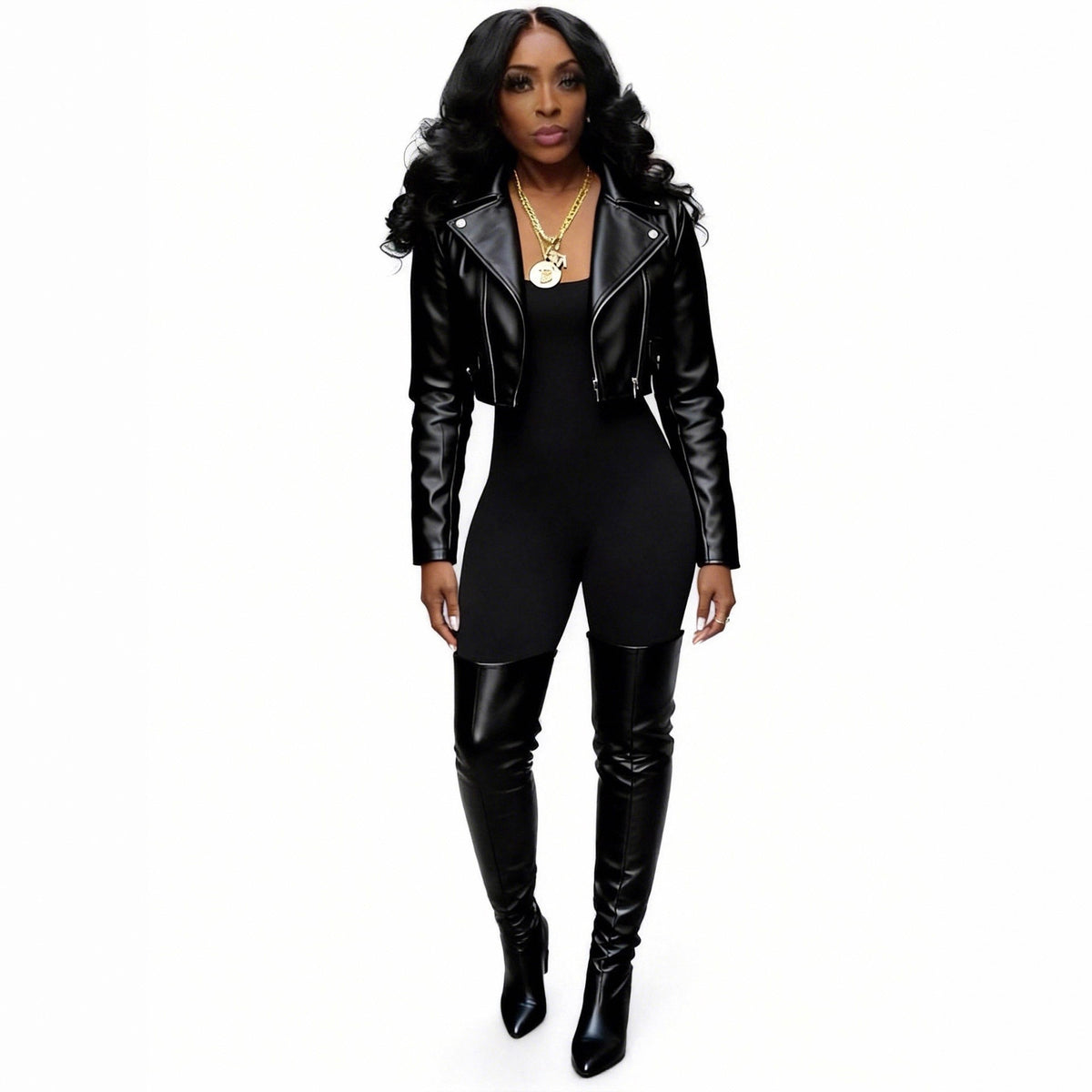 Faux Leather Zip Pocket Cropped Moto Jacket