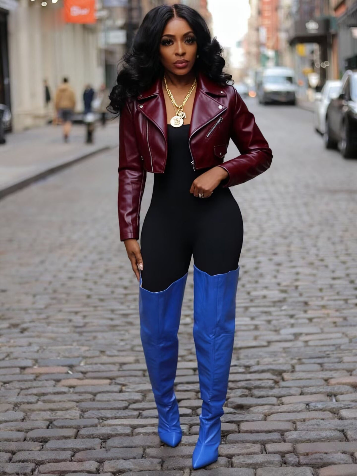 Faux Leather Zip Pocket Cropped Moto Jacket