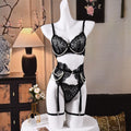Eyelash Lace Pearl Chain Underwire Garter Set - Black