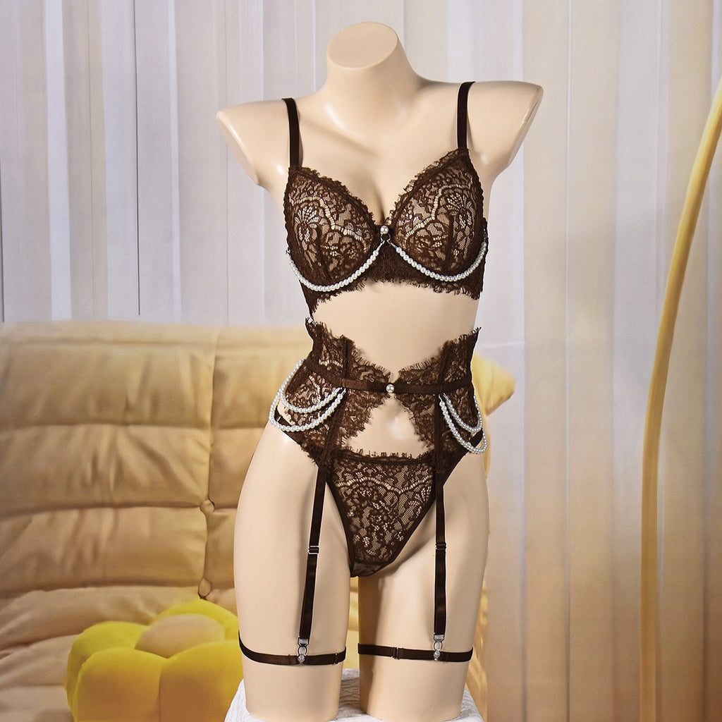 Eyelash Lace Pearl Chain Underwire Garter Set - Coffee