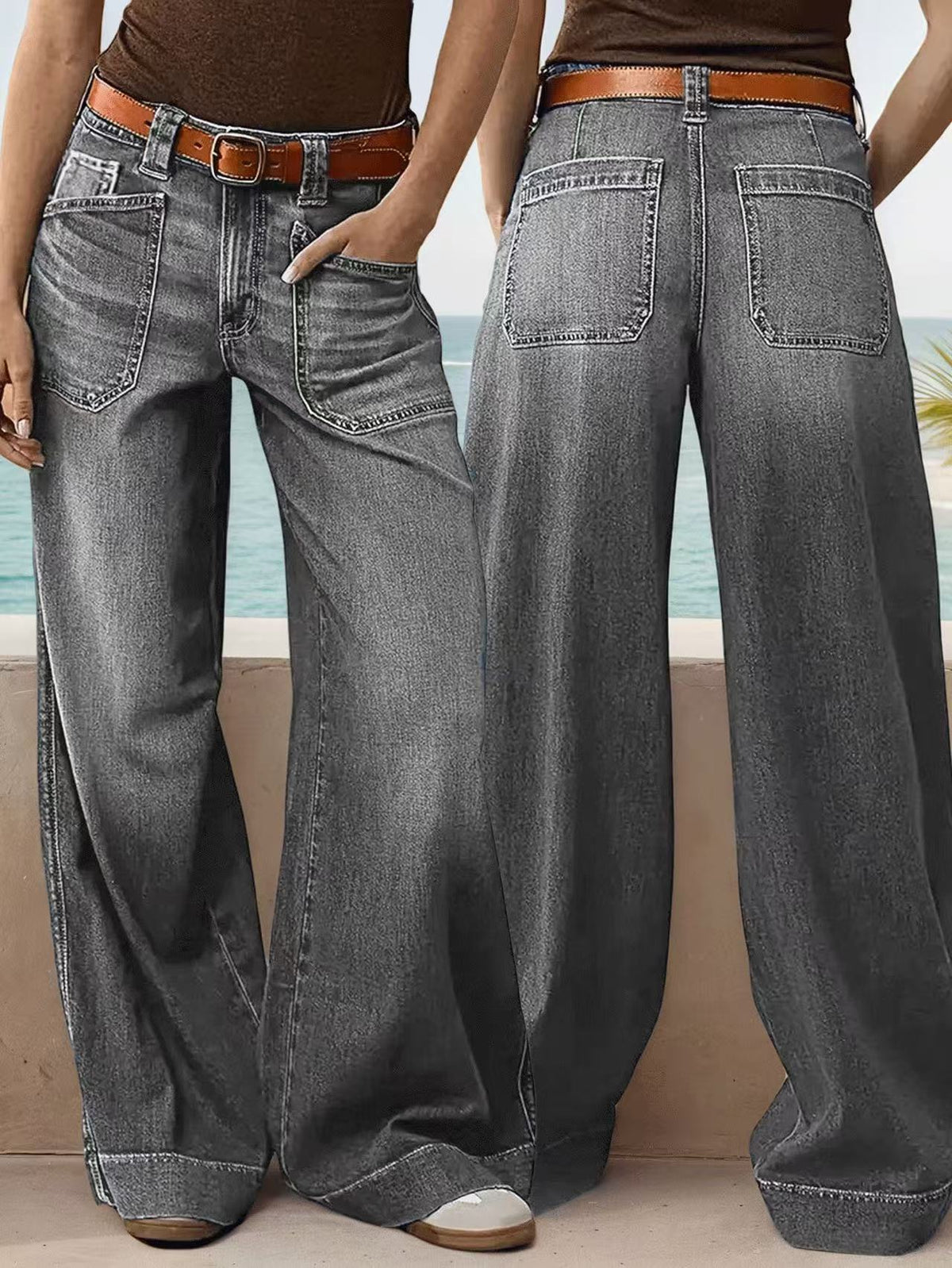Relaxed High Rise Wide Leg Jeans - Grey