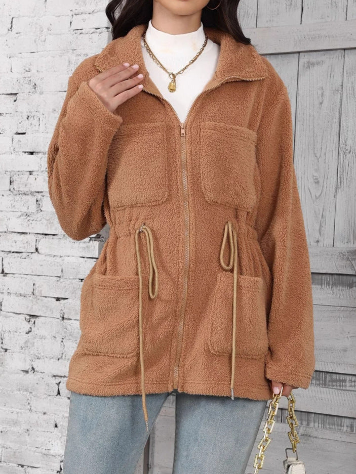 Camel Teddy Fleece Drawstring Waist Jacket - Camel