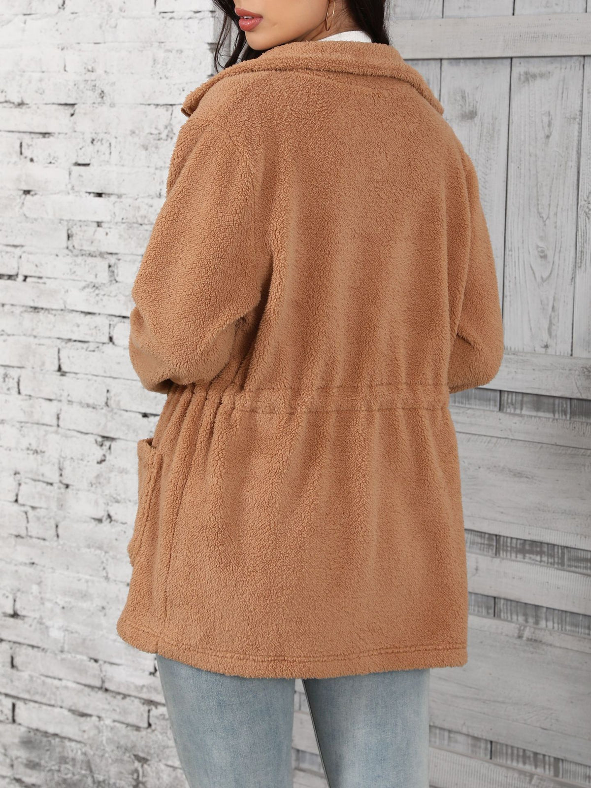 Camel Teddy Fleece Drawstring Waist Jacket - Camel - 1