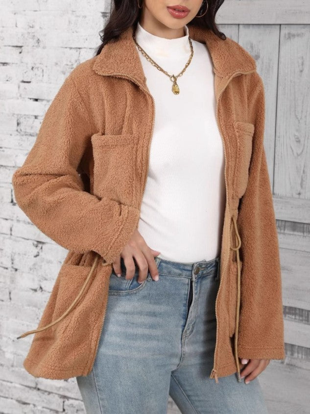 Camel Teddy Fleece Drawstring Waist Jacket - Camel - 2