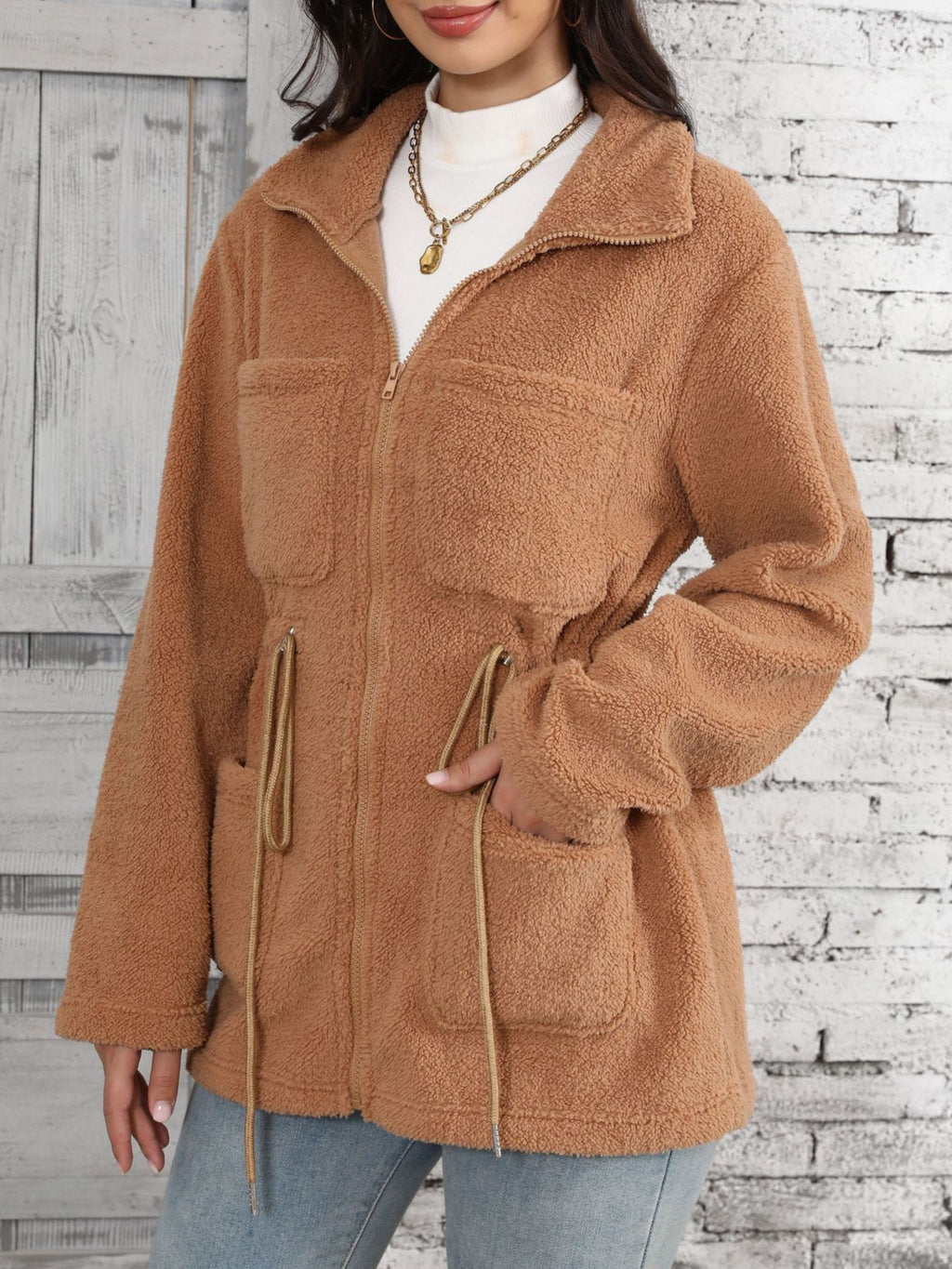 Camel Teddy Fleece Drawstring Waist Jacket - Camel - 3