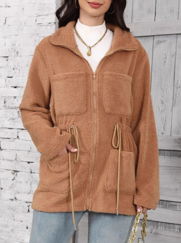 Camel Teddy Fleece Drawstring Waist Jacket