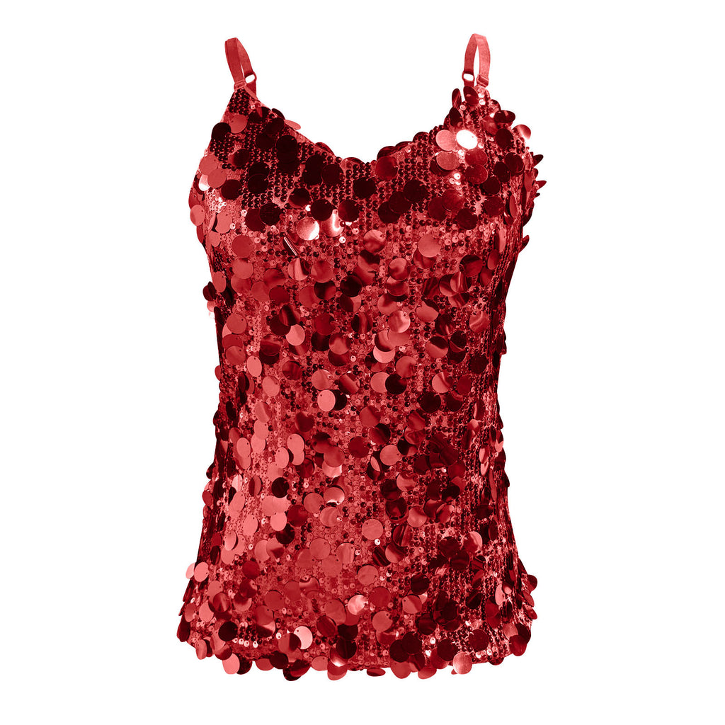 Paillette Sequin Cami Tank With Scalloped Hem - Red