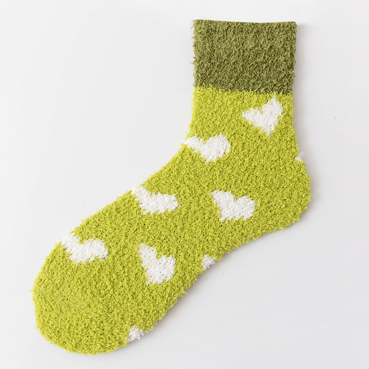 Plush Heart Motif Fluffy Winter Socks - Green