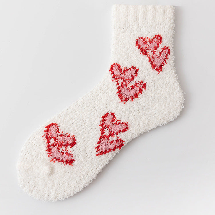 Plush Heart Motif Fluffy Winter Socks - White