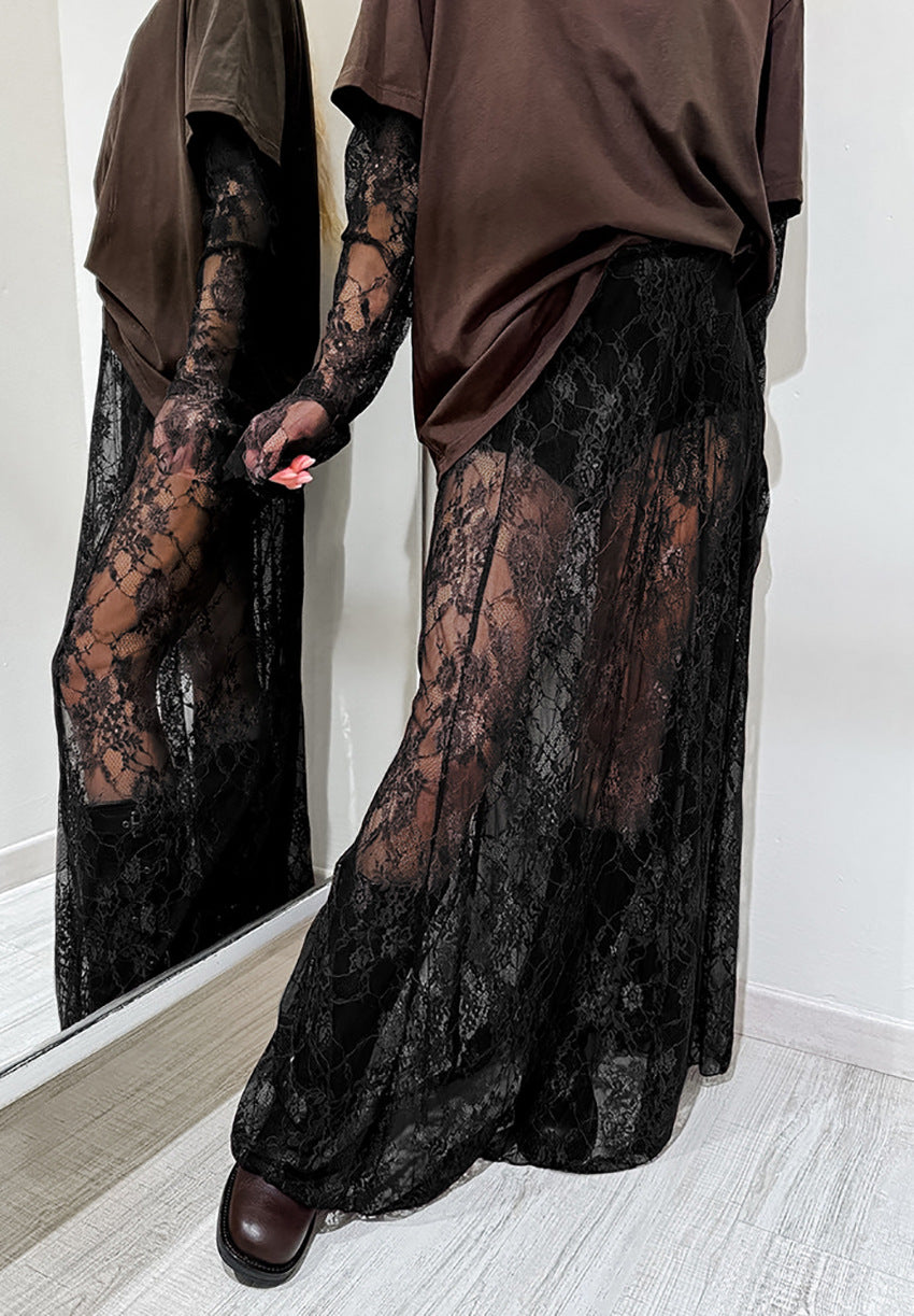 Lace Overlay Elastic Waist Maxi Skirt - Black