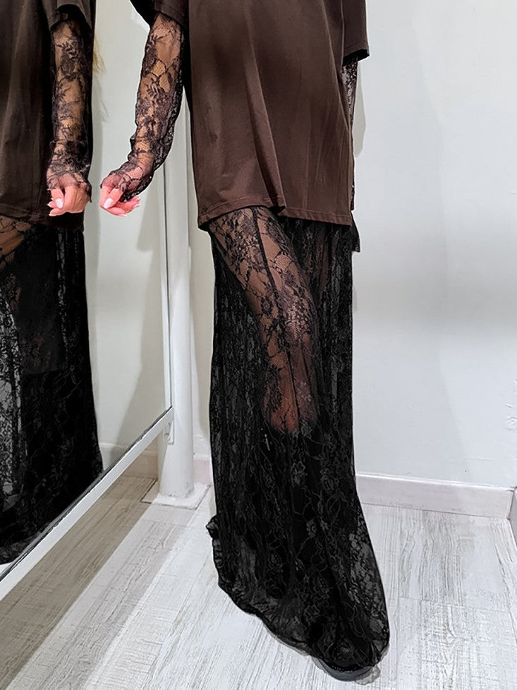 Lace Overlay Elastic Waist Maxi Skirt - Black - 1