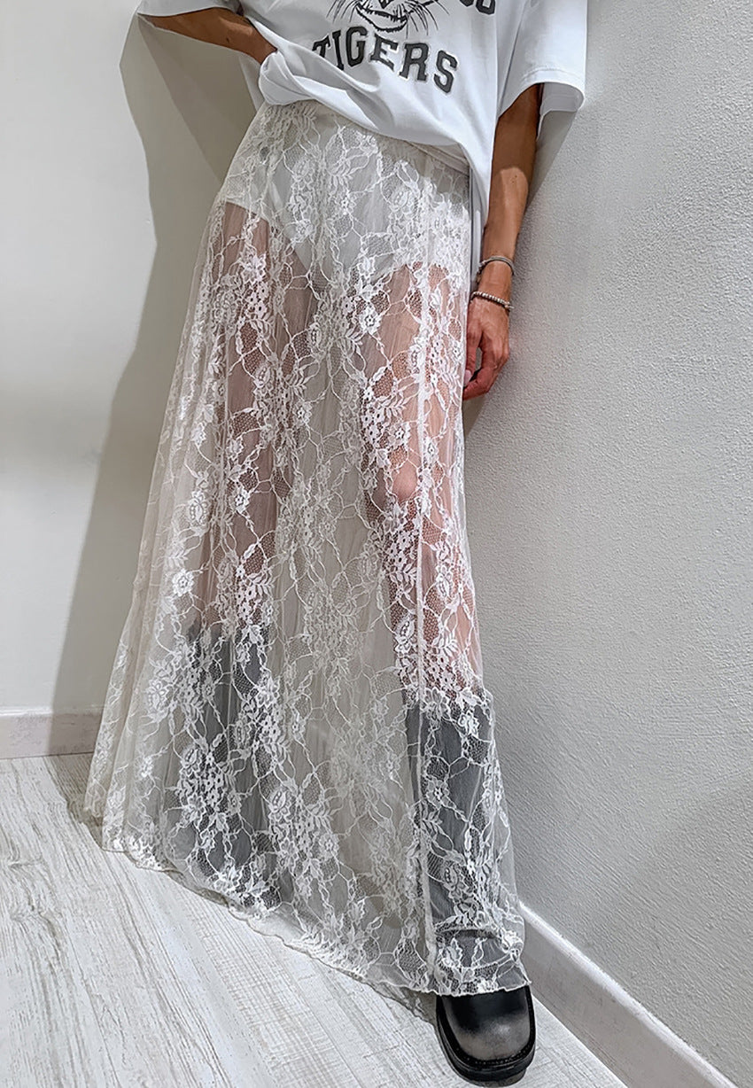 Lace Overlay Elastic Waist Maxi Skirt - White