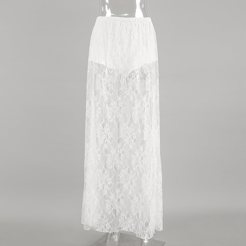 Lace Overlay Elastic Waist Maxi Skirt - White - 1