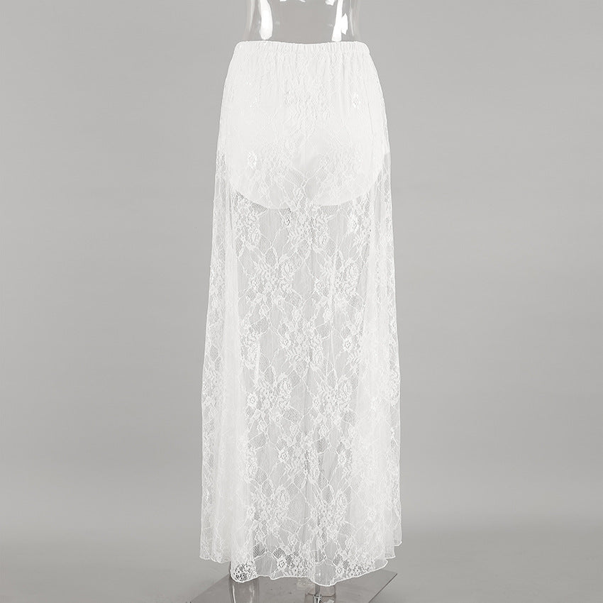 Lace Overlay Elastic Waist Maxi Skirt - White - 2