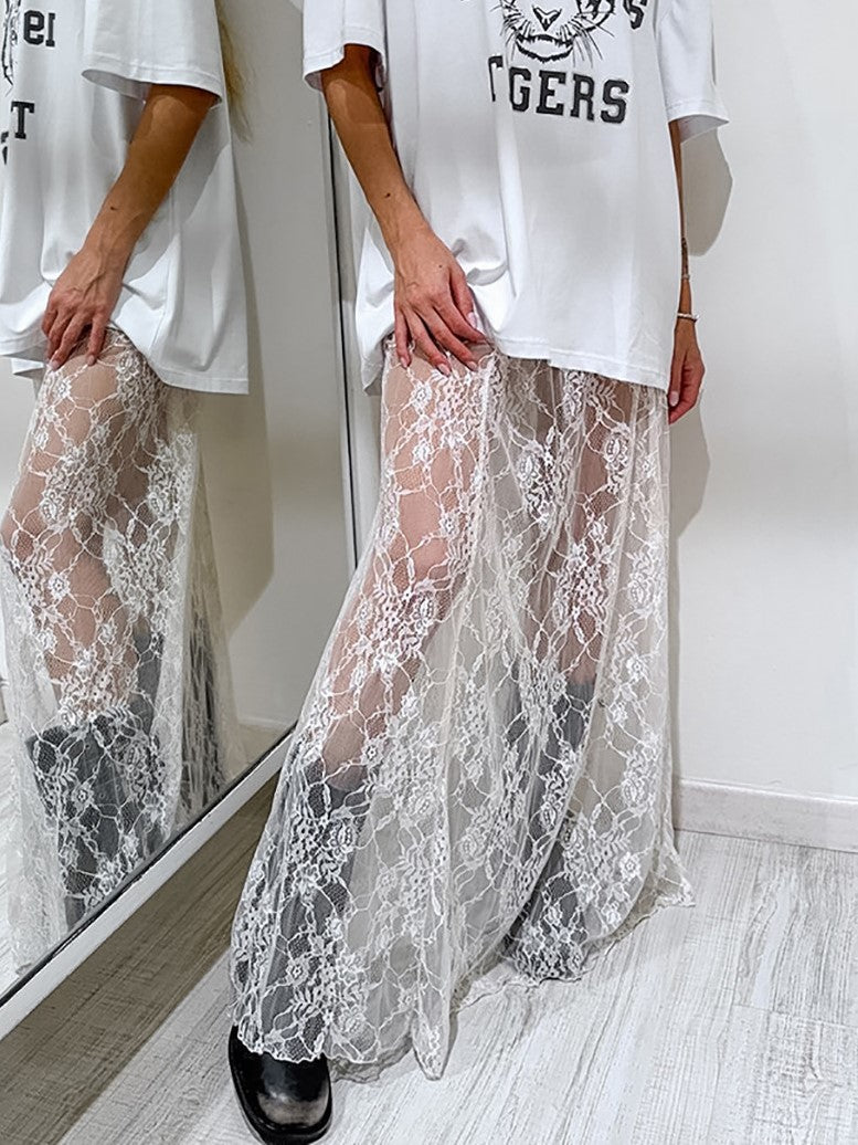 Lace Overlay Elastic Waist Maxi Skirt - White - 3