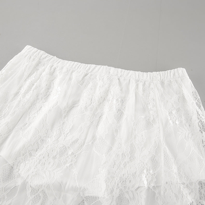 Lace Overlay Elastic Waist Maxi Skirt - White - 4