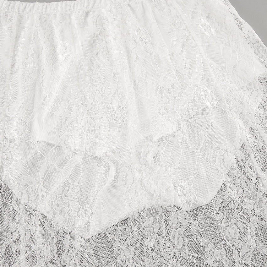 Lace Overlay Elastic Waist Maxi Skirt - White - 5