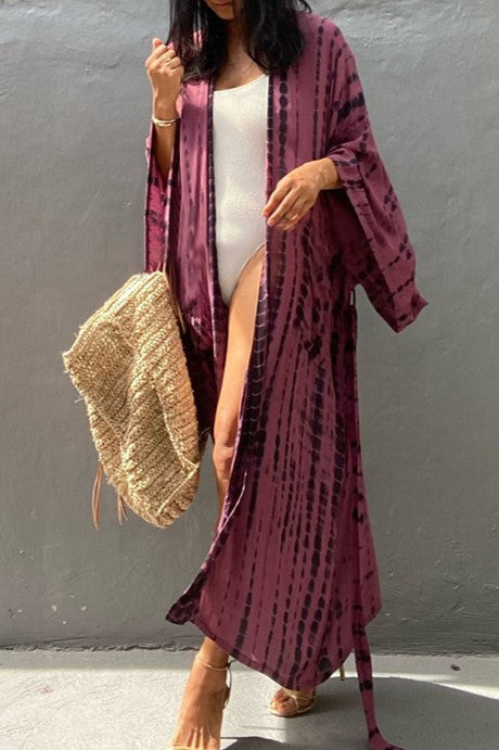 Boho Tie Dye Wrap Kimono Beach Cover Up - Purple