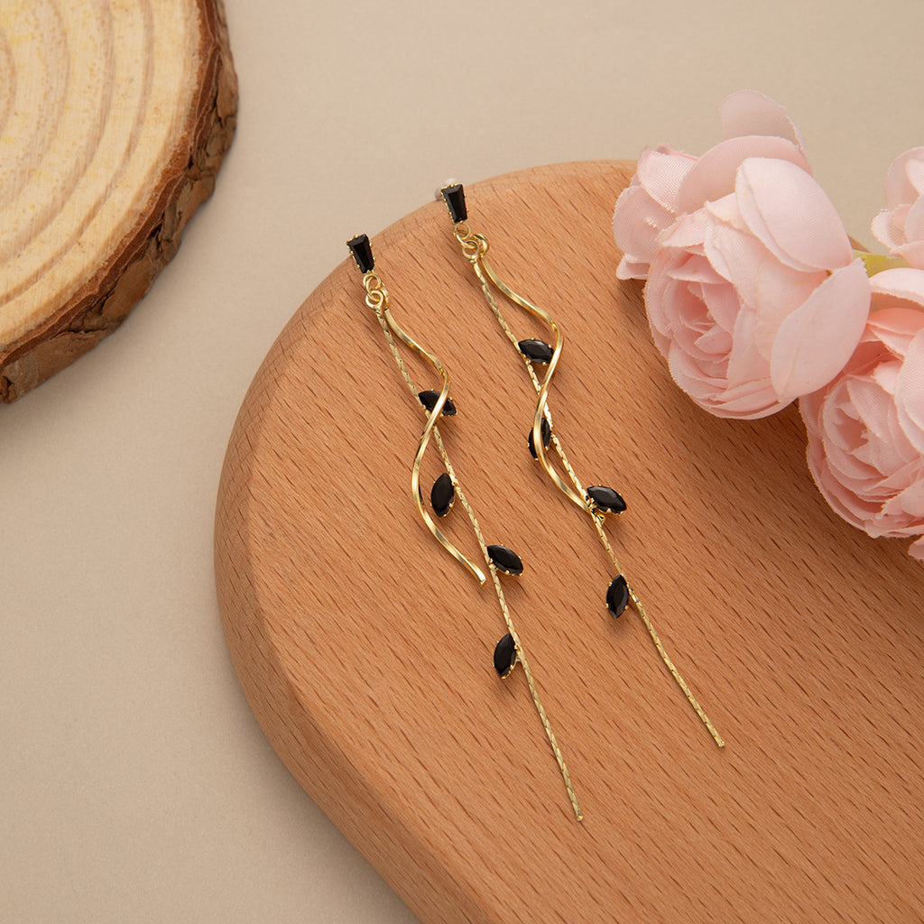Enamel Leaf Vine Tassel Drop Earrings - Black-G