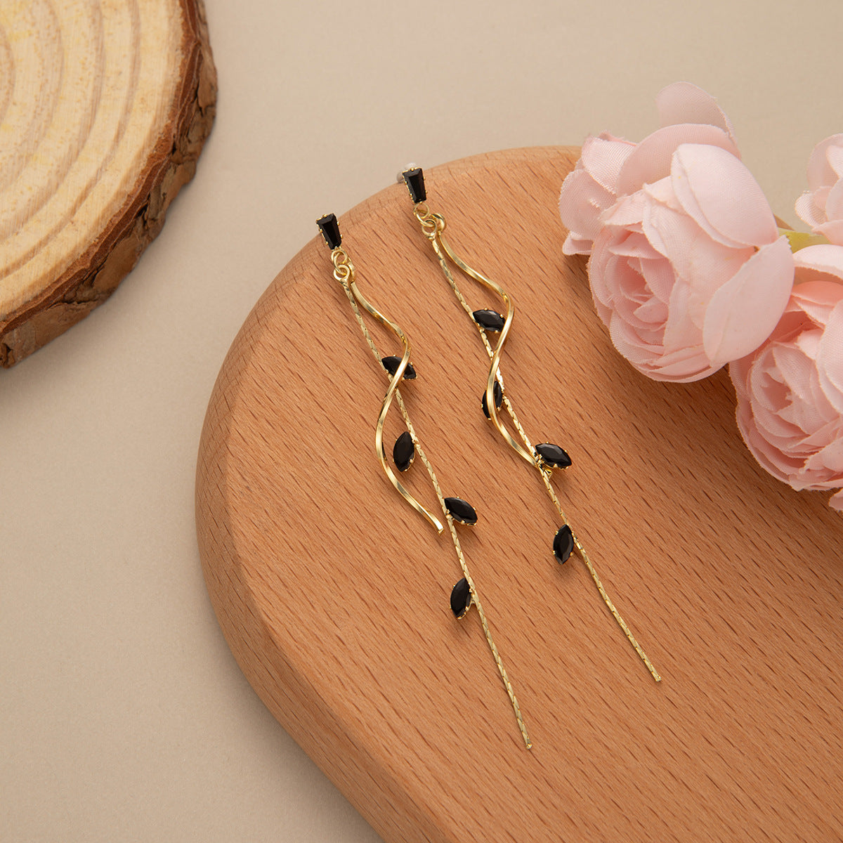 Enamel Leaf Vine Tassel Drop Earrings - Black-G