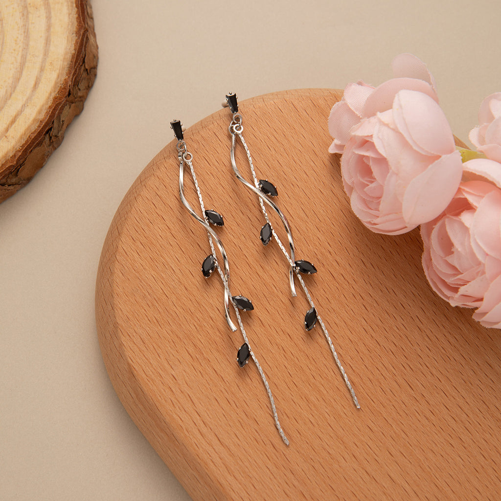 Enamel Leaf Vine Tassel Drop Earrings - Black-S