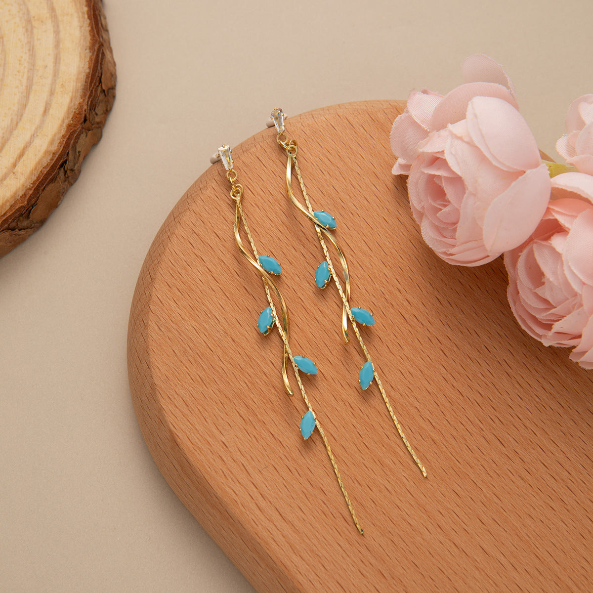 Enamel Leaf Vine Tassel Drop Earrings - Blue-G