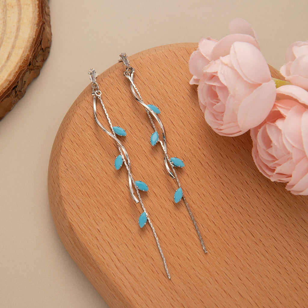 Enamel Leaf Vine Tassel Drop Earrings - Blue-S