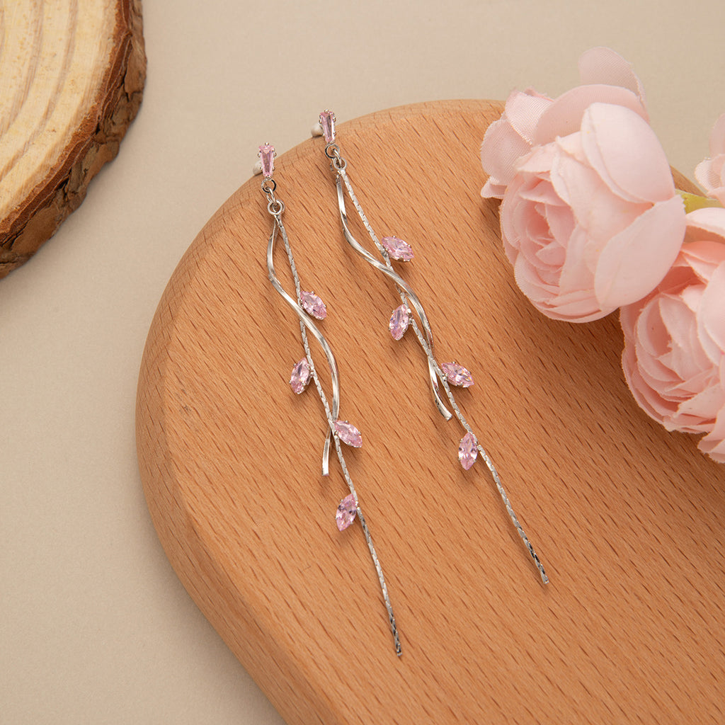 Enamel Leaf Vine Tassel Drop Earrings - Pink-S