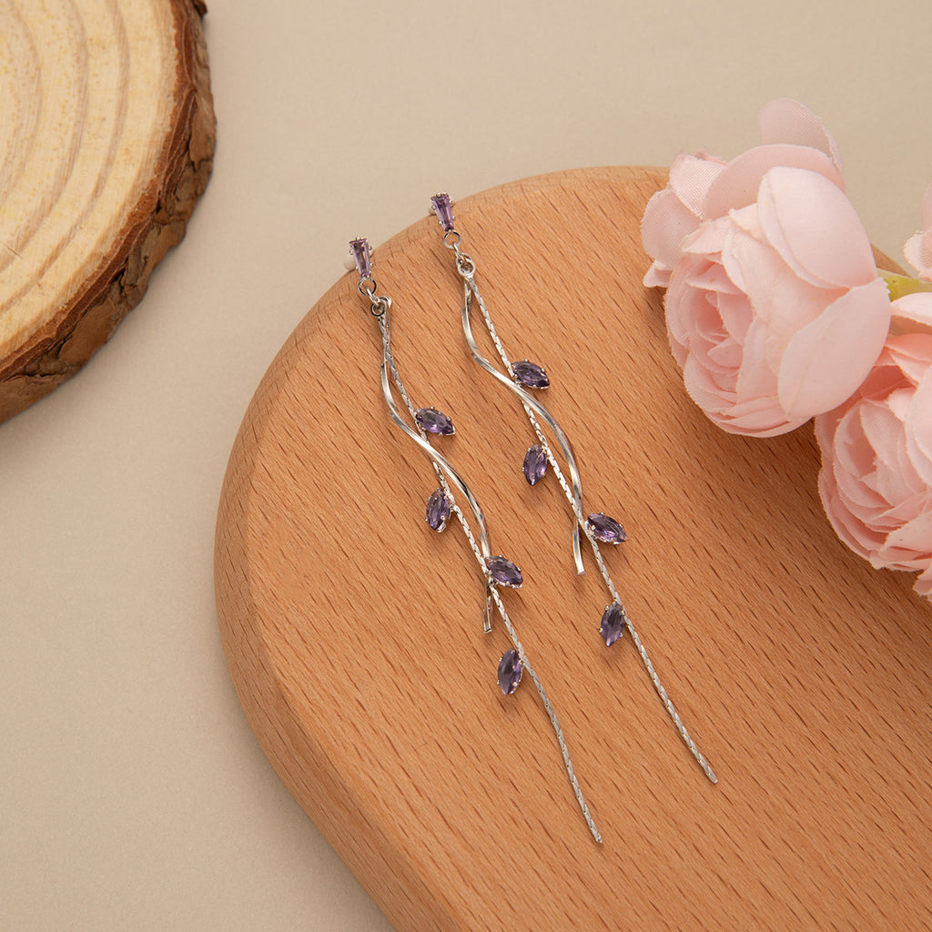 Enamel Leaf Vine Tassel Drop Earrings - Purple-S