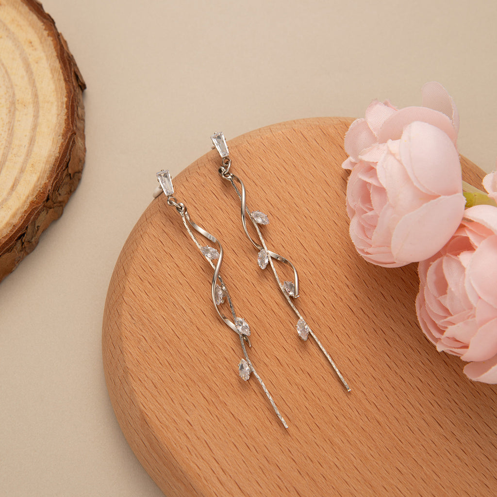 Enamel Leaf Vine Tassel Drop Earrings - White-S