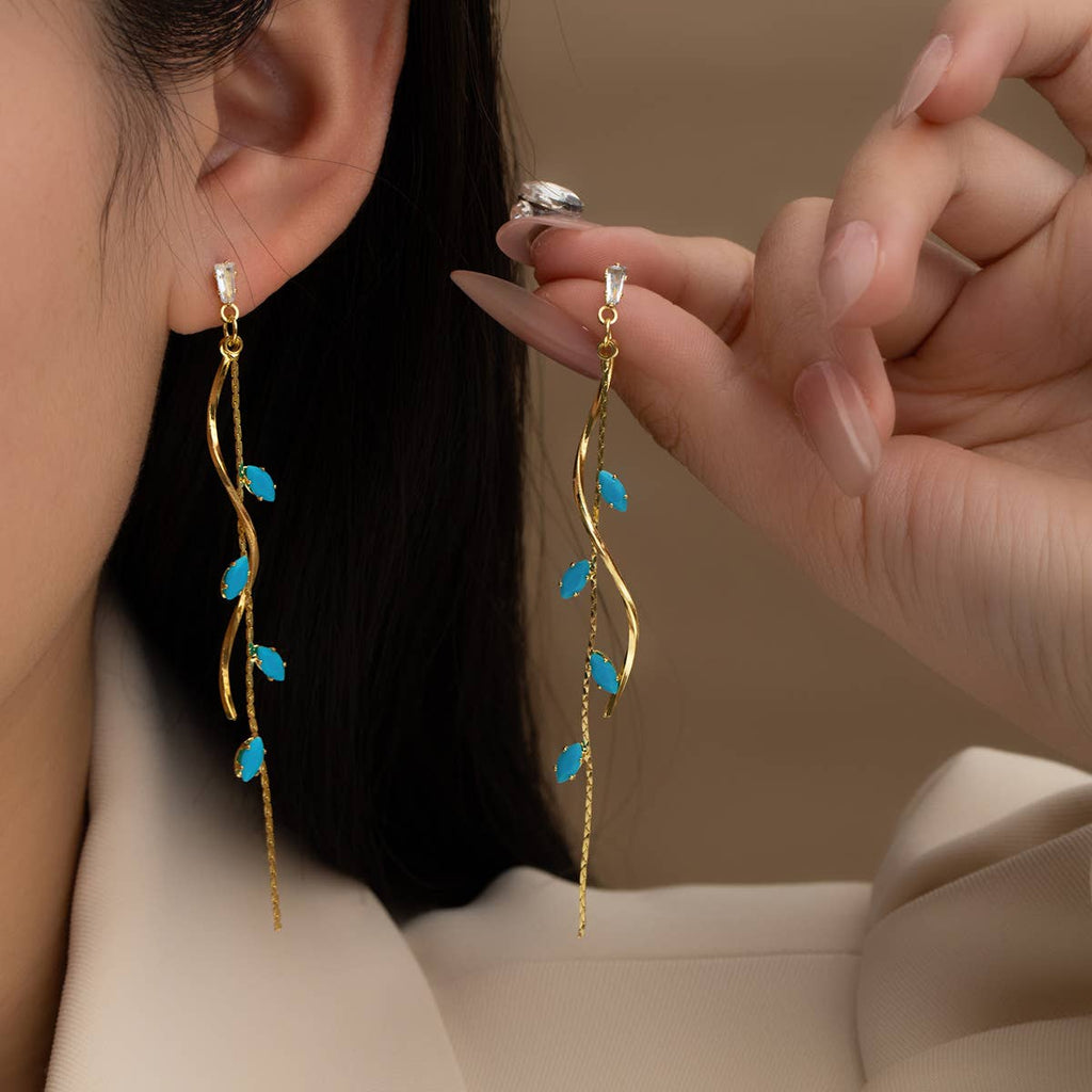 Enamel Leaf Vine Tassel Drop Earrings
