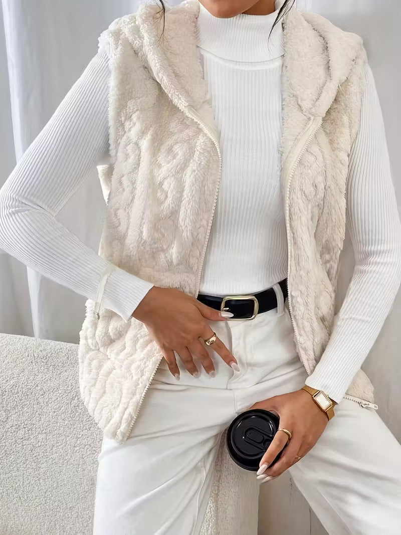 Plush Cable Textured Hooded Zip Vest Jacket - White